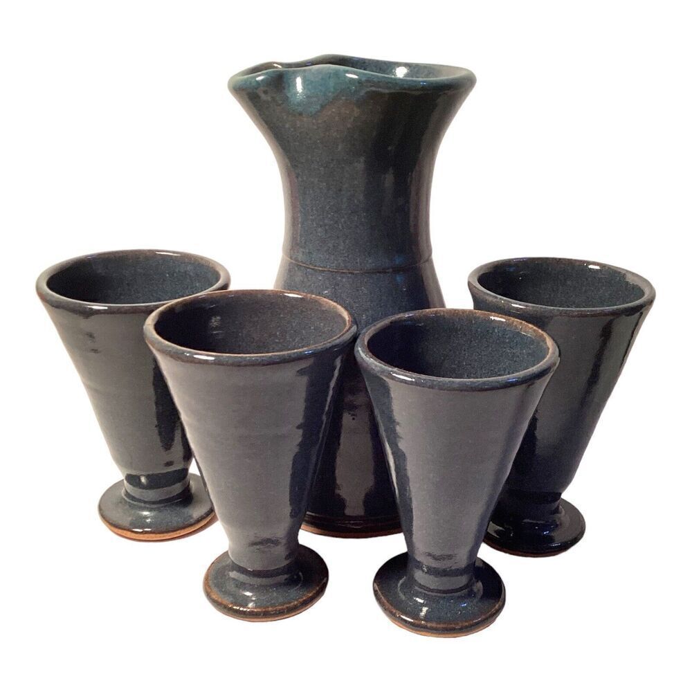 Vintage Pottery Pitcher & Glasses Set Deep Blue Stoneware Cocktail Carafe